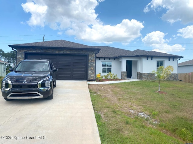 259 Wilton Ave SW, Palm Bay, FL 32908 - view of front of house featuring stone siding, stucco siding, driveway, roof with shingles, and an attached garage