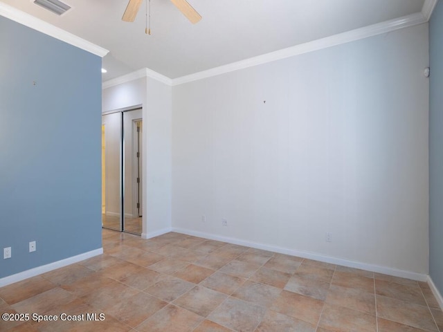 5422 Barbados Sq, Vero Beach, FL 32967 - spare room featuring ornamental molding, a ceiling fan, baseboards, recessed lighting, and light tile patterned flooring