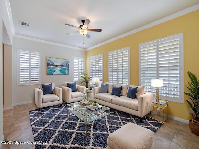 5422 Barbados Sq, Vero Beach, FL 32967 - living room featuring ceiling fan, ornamental molding, and baseboards