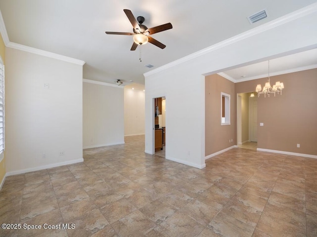 5422 Barbados Sq, Vero Beach, FL 32967 - unfurnished room with ceiling fan, a chandelier, crown molding, baseboards, and stone finish floors
