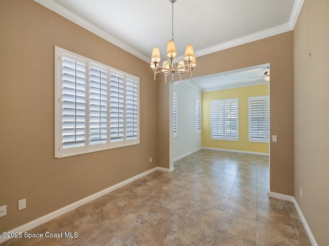5422 Barbados Sq, Vero Beach, FL 32967 - unfurnished room with a chandelier, ornamental molding, baseboards, and ceiling fan