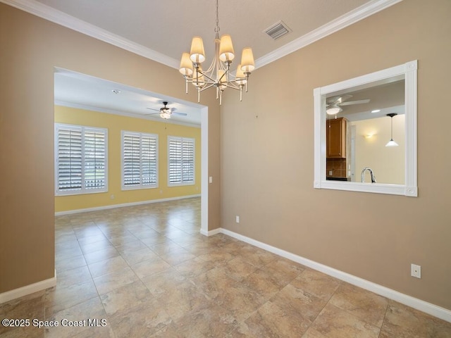5422 Barbados Sq, Vero Beach, FL 32967 - empty room with ceiling fan, a chandelier, crown molding, and baseboards