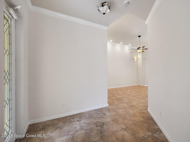 5422 Barbados Sq, Vero Beach, FL 32967 - empty room with ornamental molding, a ceiling fan, baseboards, and stone finish floors