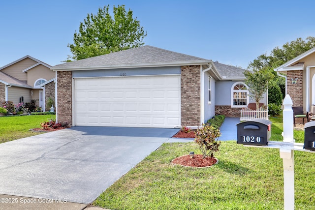 1020 S Fork Cir, Melbourne, FL 32901 - ranch-style home featuring a garage, brick siding, driveway, a front yard, and a shingled roof
