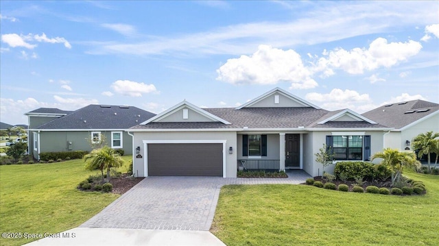 7917 Dobre Way, Melbourne, FL 32940 - ranch-style house featuring an attached garage, a front lawn, decorative driveway, stucco siding, and a porch
