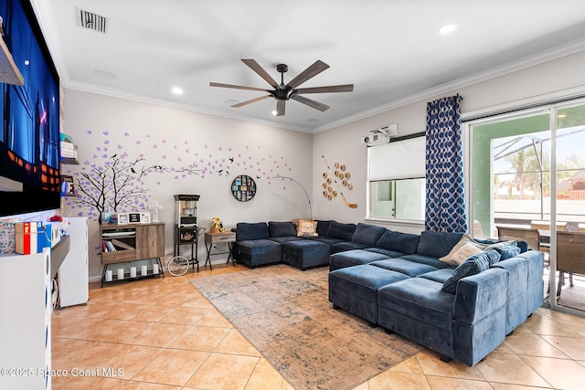 125 Rudy St, Auburndale, FL 33823 - living room featuring light tile patterned floors, a ceiling fan, crown molding, and recessed lighting