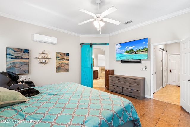 125 Rudy St, Auburndale, FL 33823 - tiled bedroom with an AC wall unit, crown molding, a barn door, arched walkways, and ceiling fan