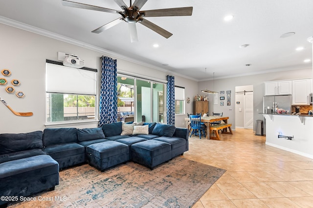 125 Rudy St, Auburndale, FL 33823 - living room with light tile patterned flooring, ceiling fan, ornamental molding, recessed lighting, and a barn door