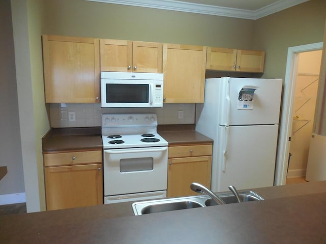 6460 Borasco Dr Unit 2903, Melbourne, FL 32940 - kitchen with white appliances, light brown cabinets, tasteful backsplash, crown molding, and dark countertops