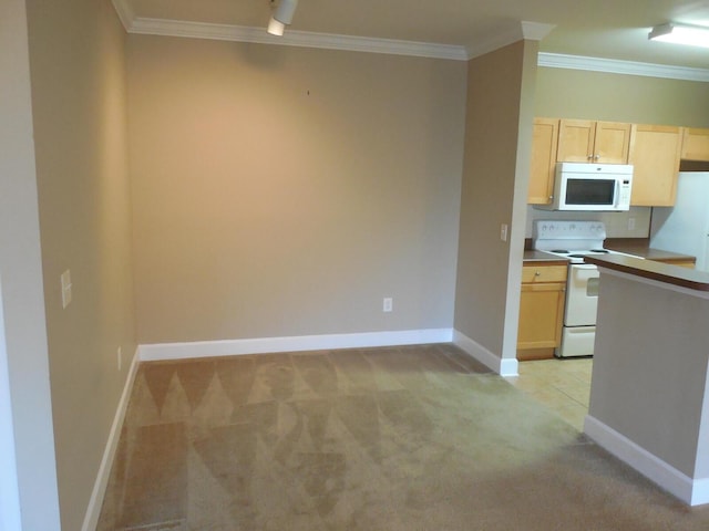 6460 Borasco Dr Unit 2903, Melbourne, FL 32940 - kitchen featuring white appliances, light colored carpet, light brown cabinets, and ornamental molding