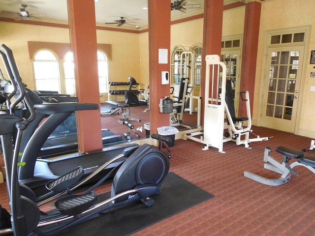 6460 Borasco Dr Unit 2903, Melbourne, FL 32940 - workout area featuring a ceiling fan, crown molding, and carpet