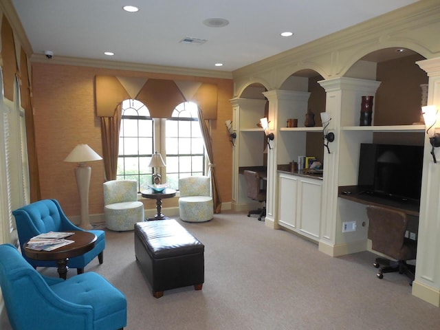 6460 Borasco Dr Unit 2903, Melbourne, FL 32940 - carpeted living room featuring decorative columns, recessed lighting, crown molding, and arched walkways