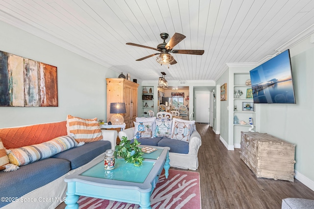 200 International Dr Unit 817, Cape Canaveral, FL 32920 - living area featuring crown molding, ceiling fan, wood finished floors, wood ceiling, and baseboards
