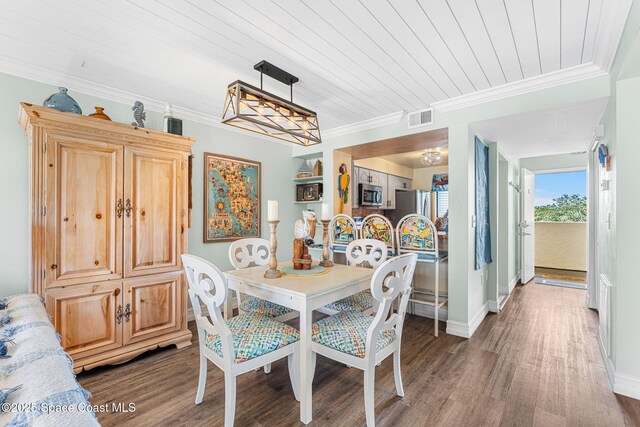 200 International Dr Unit 817, Cape Canaveral, FL 32920 - dining room with wood finished floors, wooden ceiling, ornamental molding, and baseboards