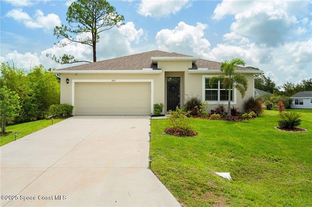 1093 Wabash Rd SE, Palm Bay, FL 32909 - ranch-style home with stucco siding, an attached garage, concrete driveway, and a front yard