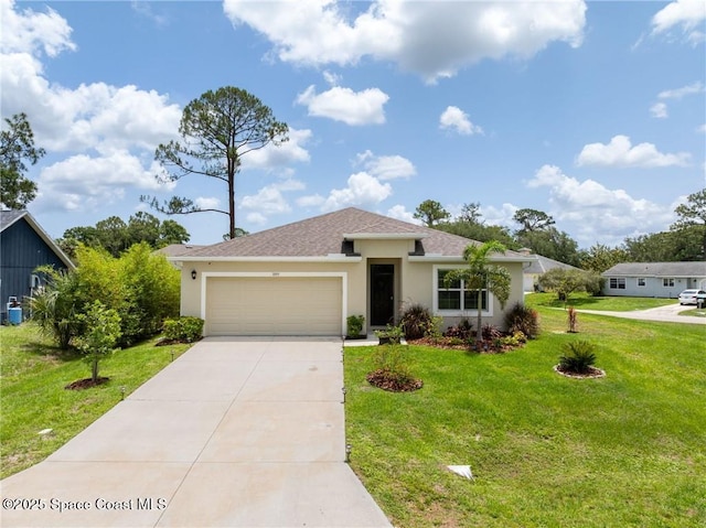 1093 Wabash Rd SE, Palm Bay, FL 32909 - view of front of property featuring a garage, stucco siding, concrete driveway, roof with shingles, and a front lawn