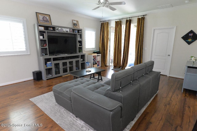 1757 Attilburgh Blvd, Melbourne, FL 32904 - living room featuring ceiling fan, ornamental molding, and wood finished floors