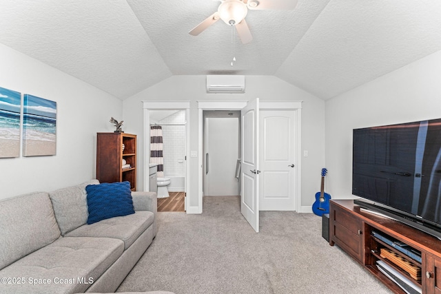 1649 Tullagee Ave, Melbourne, FL 32940 - living room with ceiling fan, a wall mounted air conditioner, lofted ceiling, light colored carpet, and a textured ceiling