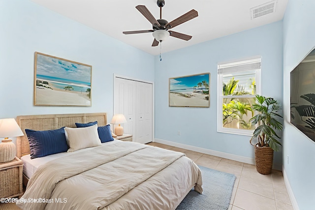 1121 S Orlando Ave, Cocoa Beach, FL 32931 - bedroom with light tile patterned floors, a closet, and a ceiling fan