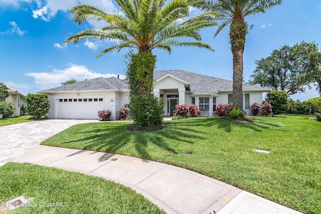 4104 Melrose Ct, Melbourne, FL 32940 - ranch-style home featuring stucco siding, decorative driveway, an attached garage, and a front yard