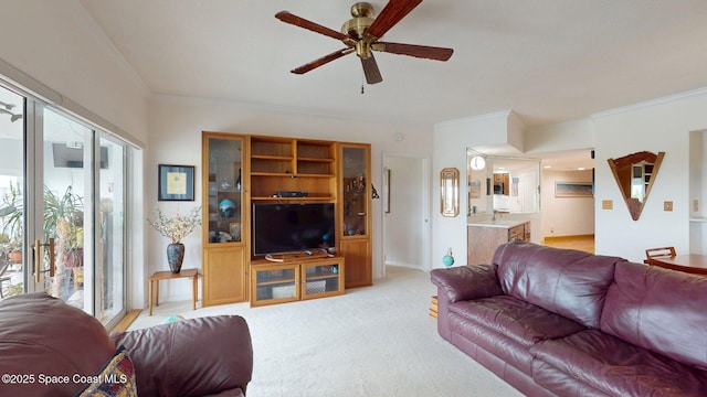 905 N Harbor City Blvd Unit 403, Melbourne, FL 32935 - living area featuring ceiling fan, crown molding, and light carpet
