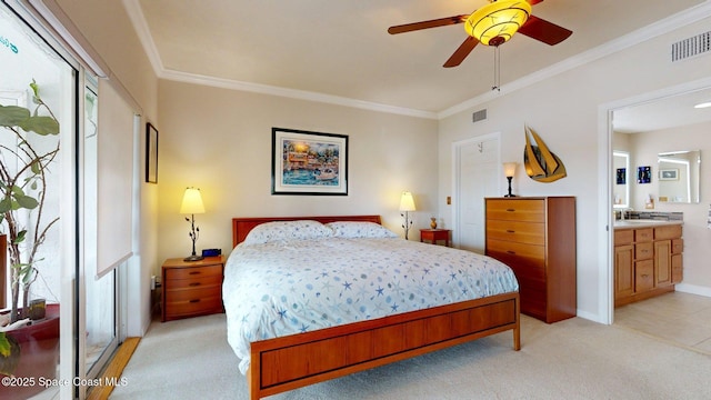 905 N Harbor City Blvd Unit 403, Melbourne, FL 32935 - bedroom with ornamental molding, light carpet, connected bathroom, and ceiling fan