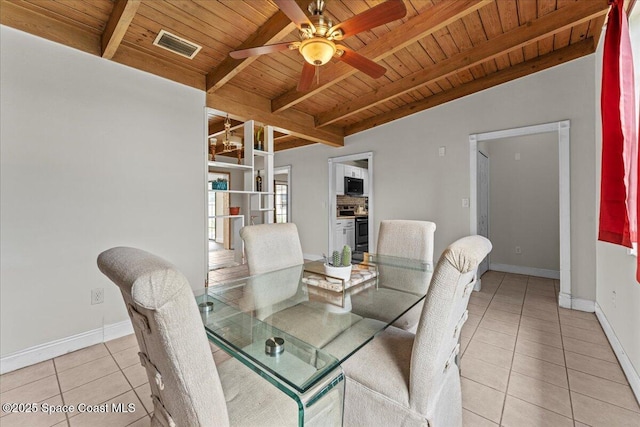 1636 Dixie Way, Melbourne, FL 32935 - dining space featuring a wooden ceiling with exposed beams, light tile patterned floors, and ceiling fan
