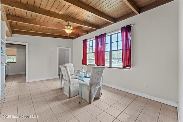 1636 Dixie Way, Melbourne, FL 32935 - dining room with a wooden ceiling with exposed beams, light tile patterned flooring, and ceiling fan