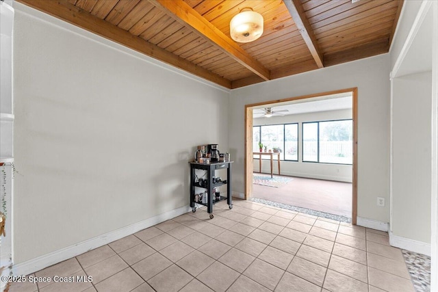 1636 Dixie Way, Melbourne, FL 32935 - unfurnished room featuring a wood ceiling with exposed beams, light tile patterned flooring, and ceiling fan
