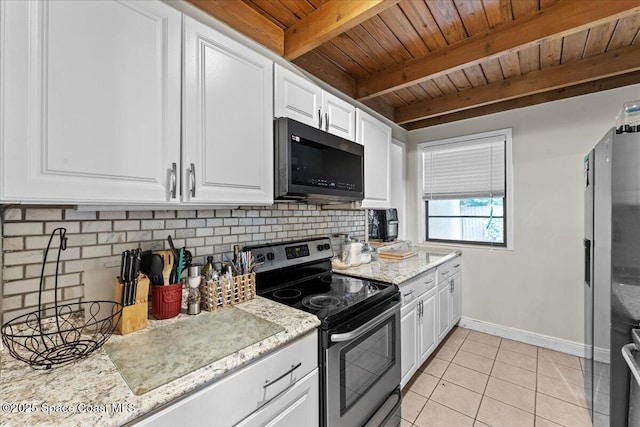 1636 Dixie Way, Melbourne, FL 32935 - kitchen featuring black microwave, stainless steel electric range oven, a wooden ceiling with exposed beams, tasteful backsplash, and white cabinets