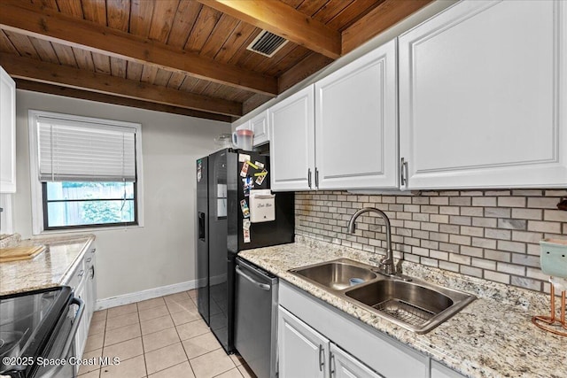 1636 Dixie Way, Melbourne, FL 32935 - kitchen featuring stainless steel appliances, a wooden ceiling with exposed beams, tasteful backsplash, white cabinetry, and light tile patterned floors