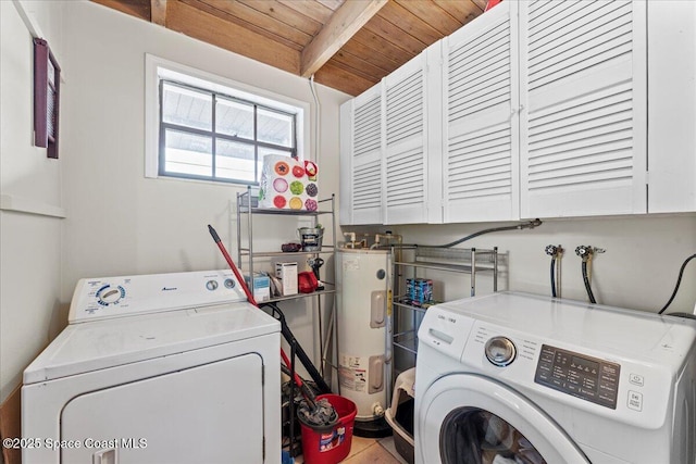 1636 Dixie Way, Melbourne, FL 32935 - laundry room with electric water heater, cabinet space, washing machine and dryer, and wood ceiling