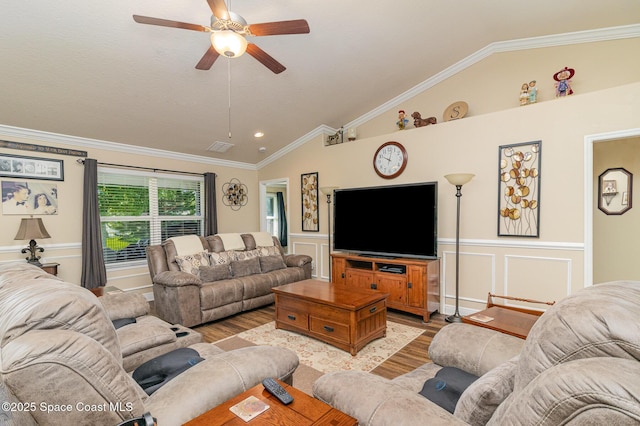 231 Nardo Ave SW, Palm Bay, FL 32908 - living area with light wood-style floors, lofted ceiling, ceiling fan, a decorative wall, and ornamental molding