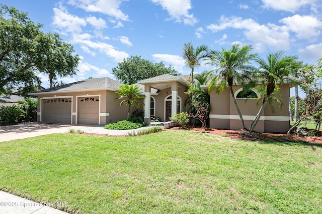 465 Apache Trl, Merritt Island, FL 32953 - ranch-style home featuring stucco siding, driveway, a front yard, and an attached garage