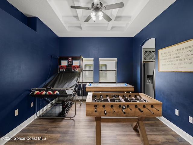 3662 Brantley Cir, Rockledge, FL 32955 - game room featuring coffered ceiling, wood finished floors, beamed ceiling, ceiling fan, and arched walkways