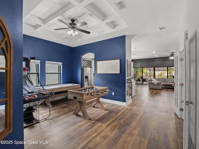 3662 Brantley Cir, Rockledge, FL 32955 - recreation room featuring a ceiling fan, coffered ceiling, wood finished floors, beamed ceiling, and recessed lighting
