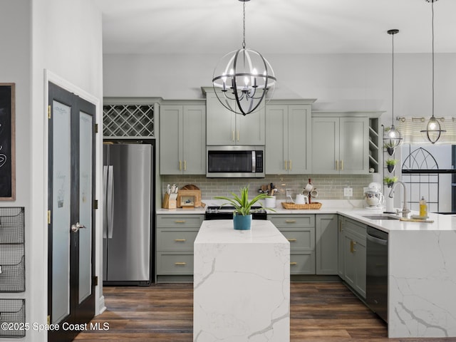 3662 Brantley Cir, Rockledge, FL 32955 - kitchen featuring stainless steel appliances, a chandelier, tasteful backsplash, and open shelves
