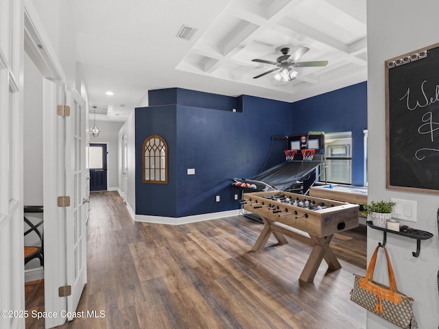 3662 Brantley Cir, Rockledge, FL 32955 - recreation room with coffered ceiling, wood finished floors, beamed ceiling, a ceiling fan, and recessed lighting