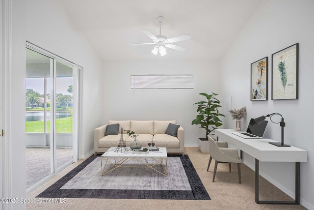 621 Misty Creek Dr, Melbourne, FL 32940 - living room featuring healthy amount of natural light, ceiling fan, carpet, lofted ceiling, and a water view