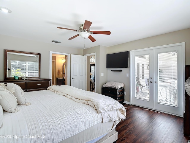 603 Cross Creek Dr, Sebastian, FL 32958 - bedroom featuring french doors, access to outside, dark wood-style flooring, and ceiling fan