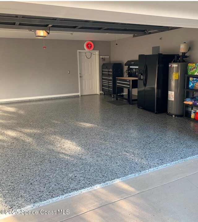 603 Cross Creek Dr, Sebastian, FL 32958 - garage with water heater, fridge with ice dispenser, and a garage door opener