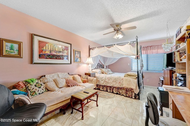 623 Manatee Dr, Satellite Beach, FL 32937 - bedroom featuring a textured ceiling, a ceiling fan, and marble look tiles