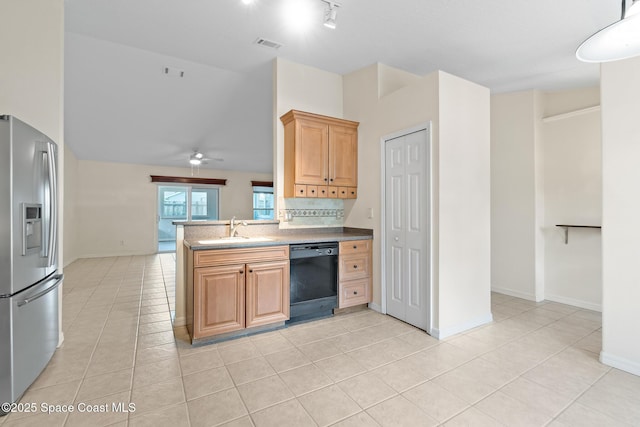 967 Sabal Grove Dr, Rockledge, FL 32955 - kitchen featuring black dishwasher, stainless steel fridge, light tile patterned floors, a ceiling fan, and high vaulted ceiling