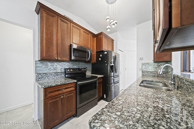 458 Stendal Rd NW, Palm Bay, FL 32907 - kitchen with stainless steel microwave, range with electric stovetop, fridge with ice dispenser, tasteful backsplash, and dark stone countertops