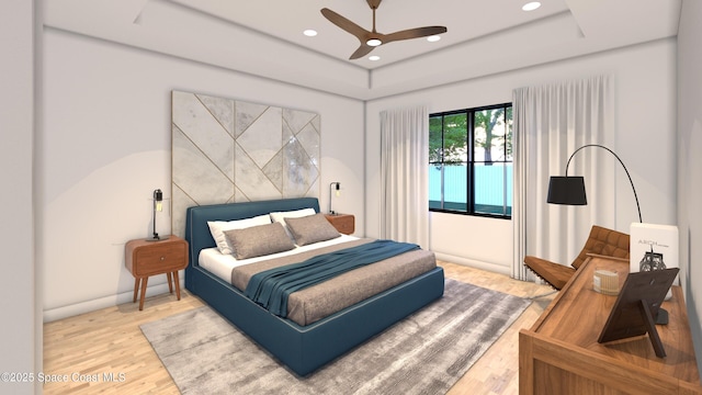 1850 Viburnum Rd NW, Palm Bay, FL 32907 - bedroom with a tray ceiling, wood finished floors, recessed lighting, and a ceiling fan