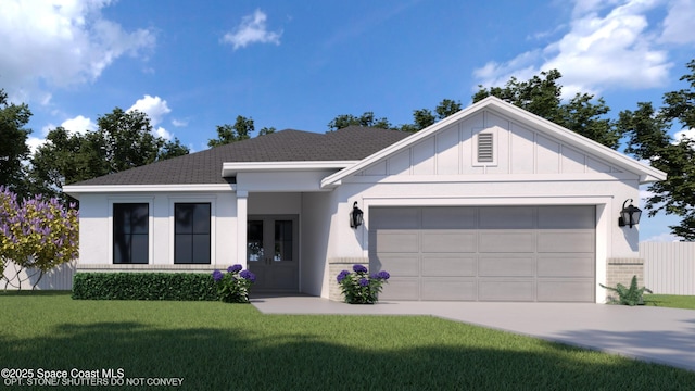 1850 Viburnum Rd NW, Palm Bay, FL 32907 - view of front of home with french doors, an attached garage, concrete driveway, a front yard, and board and batten siding