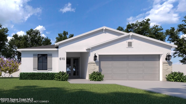 1850 Viburnum Rd NW, Palm Bay, FL 32907 - single story home with brick siding, french doors, a garage, driveway, and a front lawn