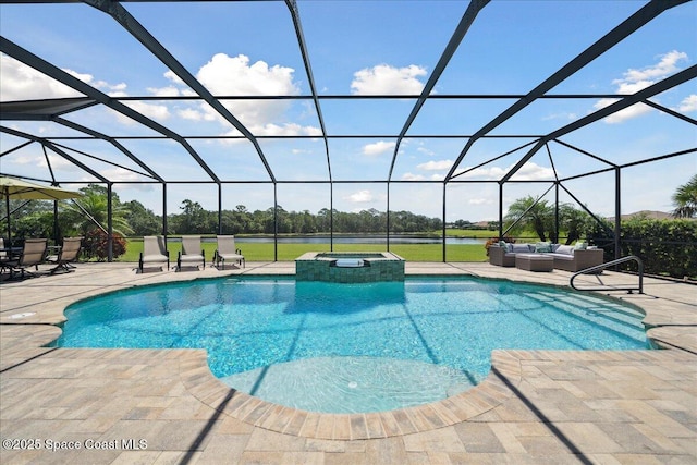 4464 Preservation Cir, Melbourne, FL 32934 - view of pool with an outdoor living space, a patio, a pool with connected hot tub, and glass enclosure