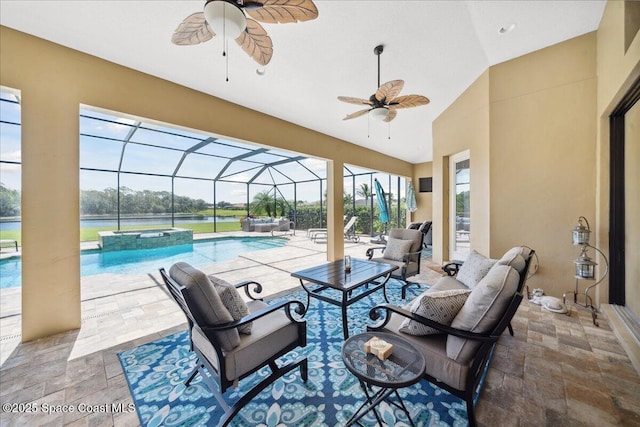 4464 Preservation Cir, Melbourne, FL 32934 - view of patio with outdoor lounge area, ceiling fan, a pool with connected hot tub, and glass enclosure