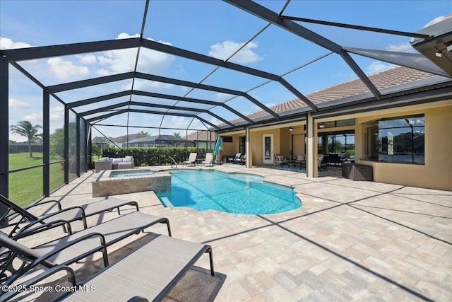 4464 Preservation Cir, Melbourne, FL 32934 - view of pool with a patio, a ceiling fan, a pool with connected hot tub, outdoor lounge area, and glass enclosure